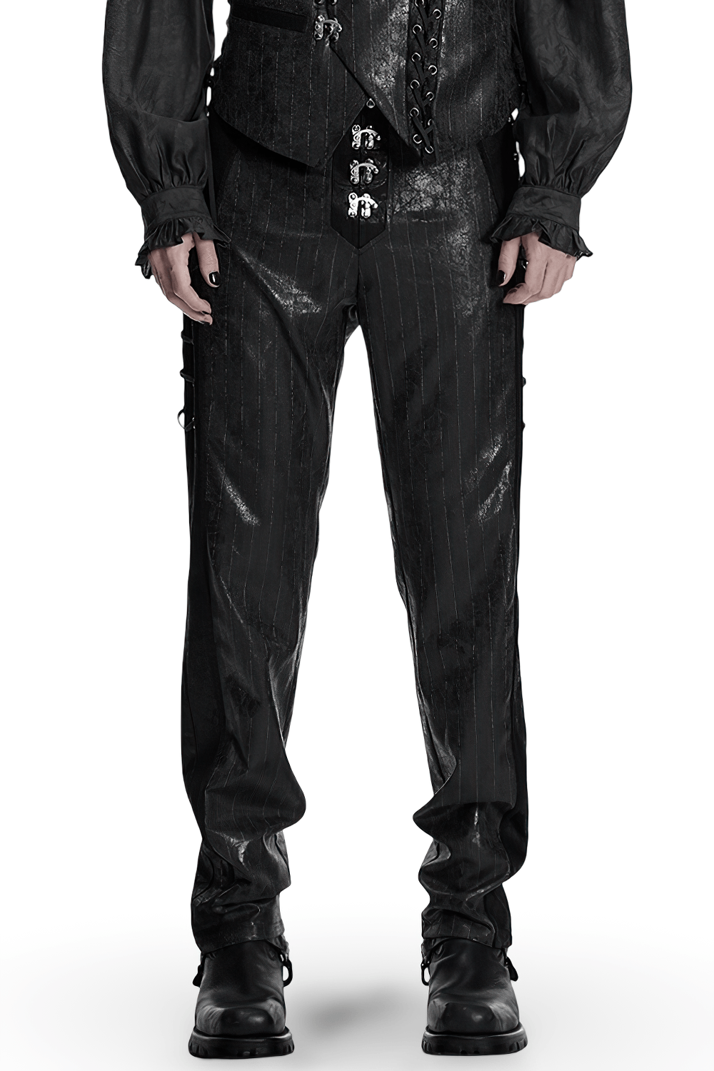 Black Striped Imitation Leather Steampunk Pants showcased on a model with unique detailing.