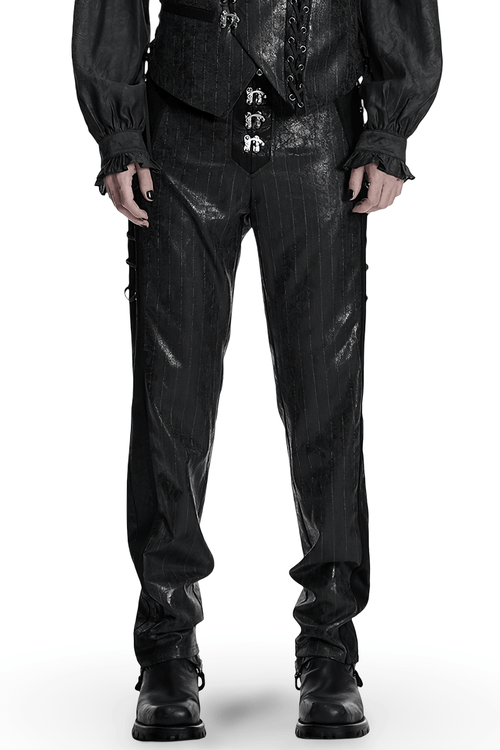 Black Striped Imitation Leather Steampunk Pants