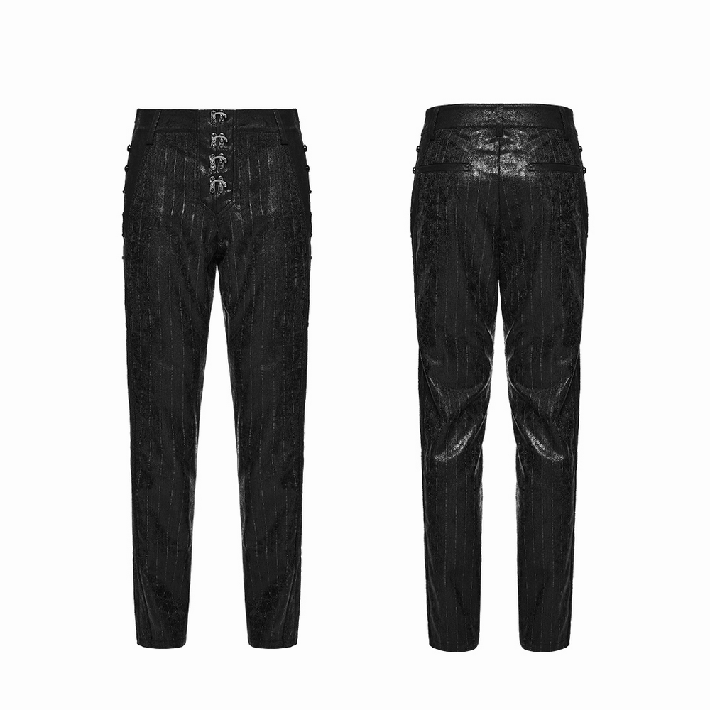Black Striped Imitation Leather Steampunk Pants showcasing front and back views.
