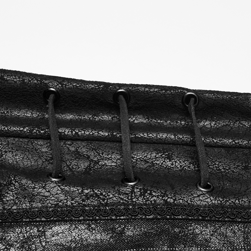 Black Striped Imitation Leather Steampunk Pants close-up of lacing detail showing unique texture and style.