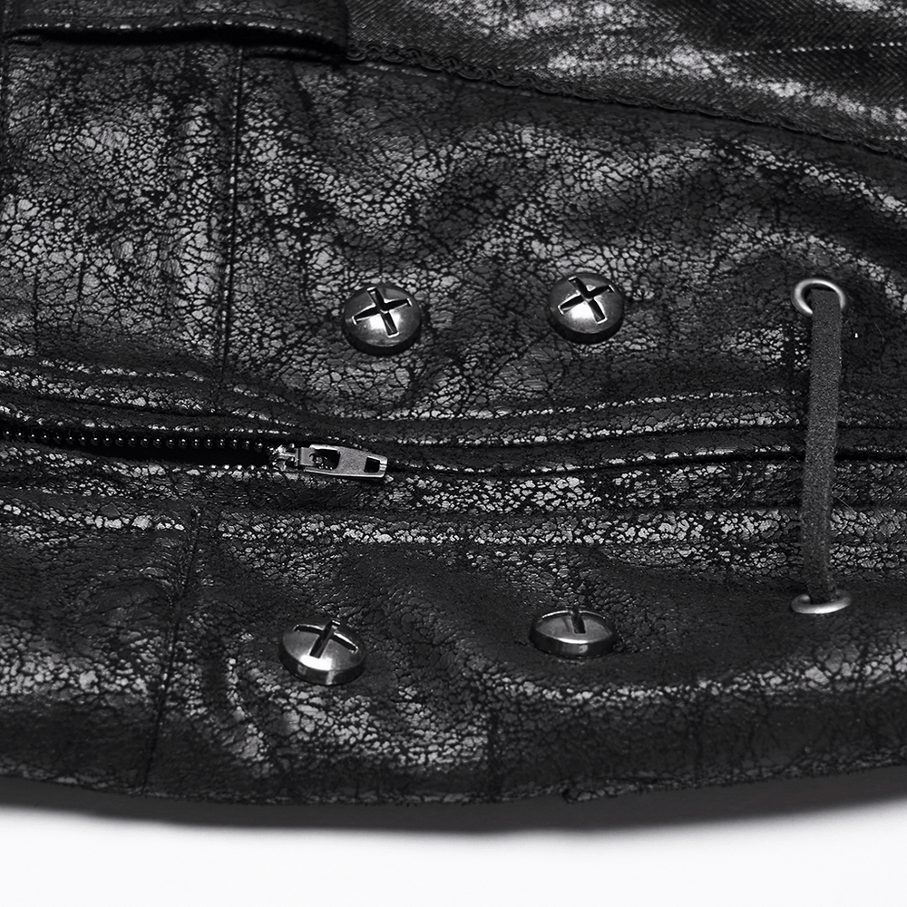 Close-up of Black Striped Imitation Leather Steampunk Pants detailing with buttons and zipper.