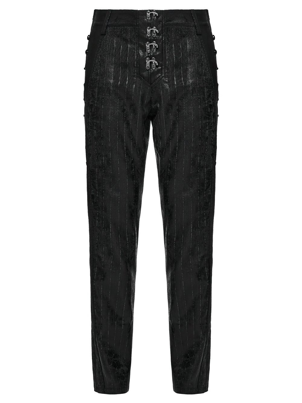 Black Striped Imitation Leather Steampunk Pants with button details and stylish design.