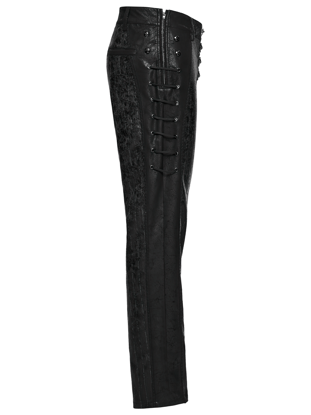 Black Striped Imitation Leather Steampunk Pants featuring a unique design and lace-up detail.