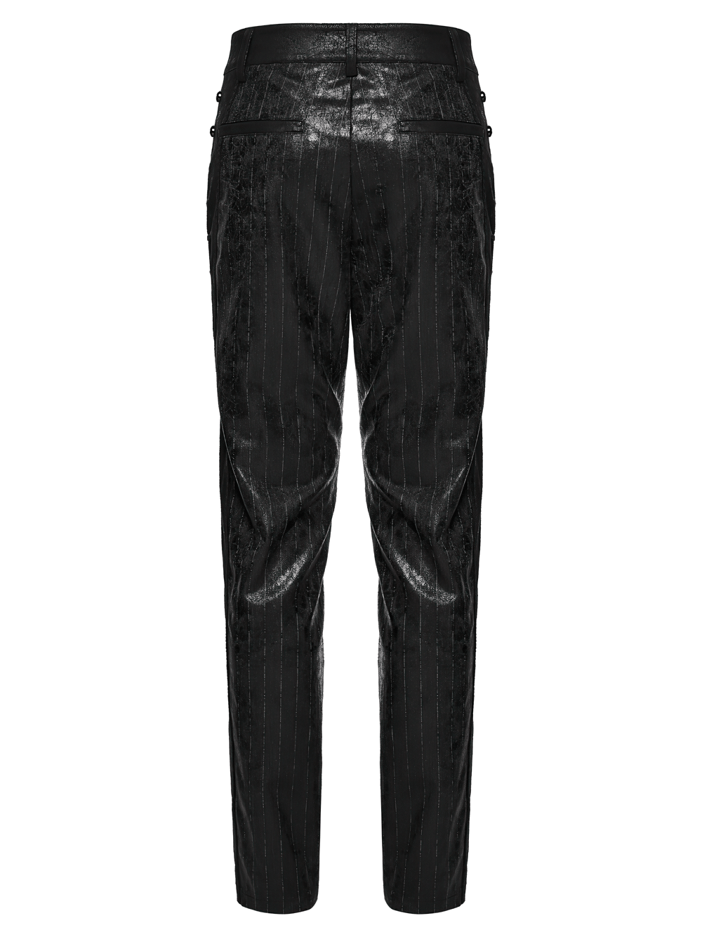 Black Striped Imitation Leather Steampunk Pants with a stylish back view and classy pinstripe design.