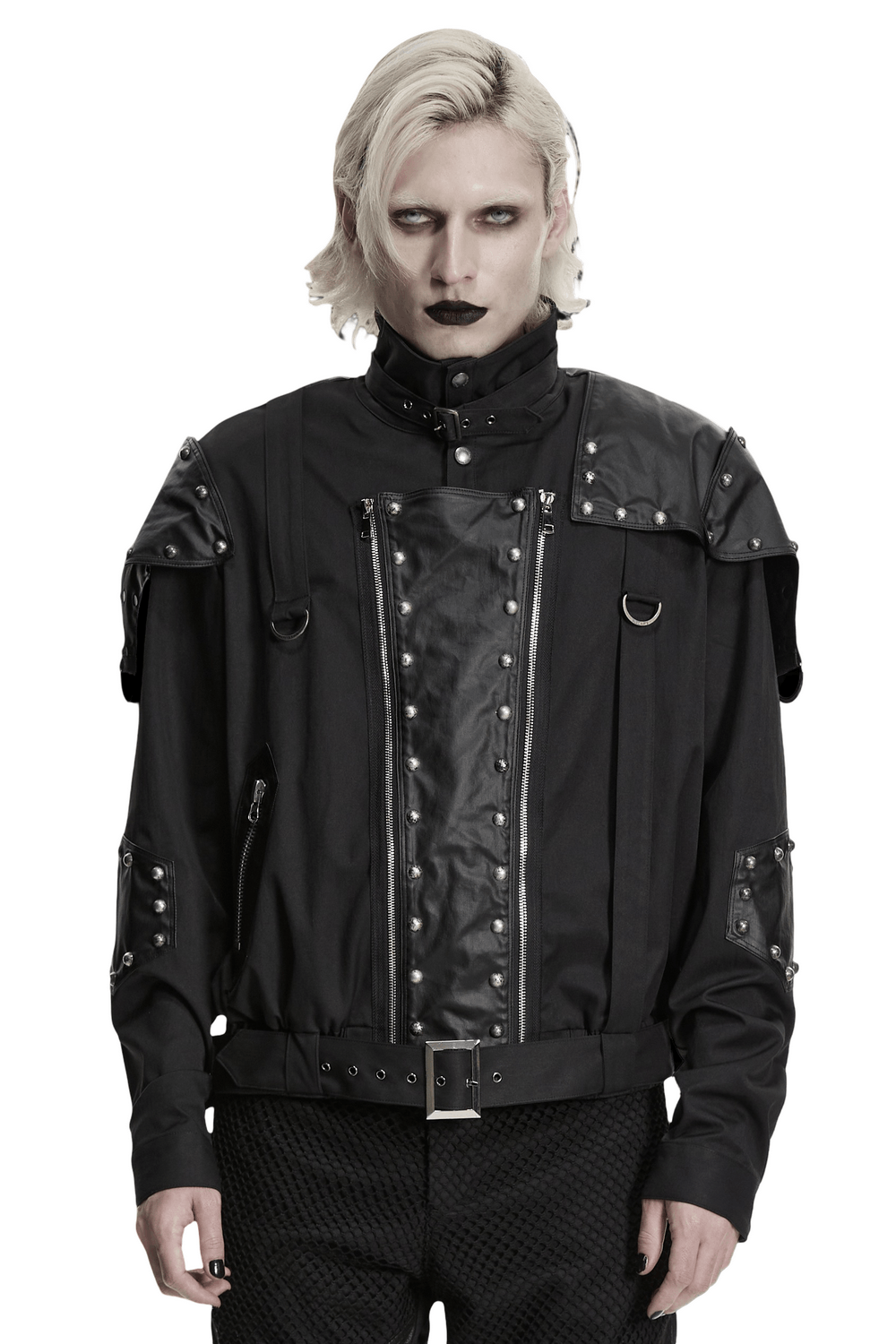 Black Studded Cropped Biker Jacket with D-Rings showcased on a model with a bold look.