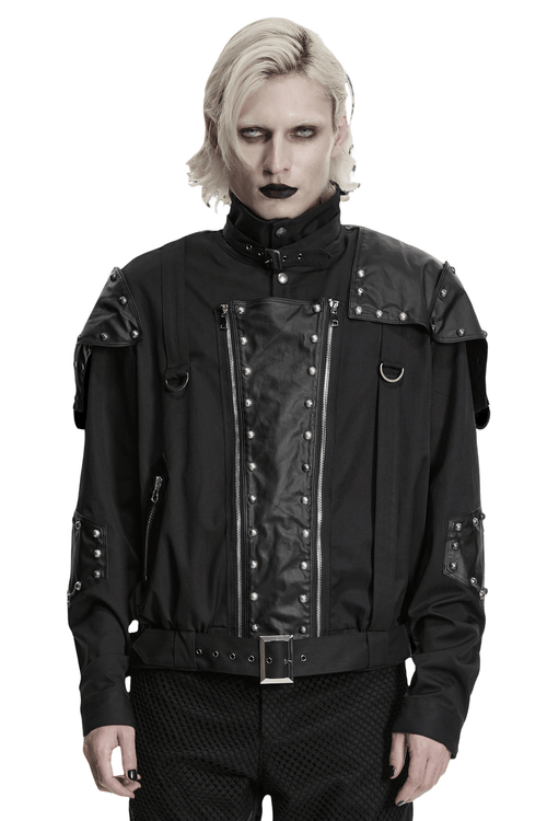 Schwarze Bikerjacke mit Nieten und D-Ringen, kurz geschnitten