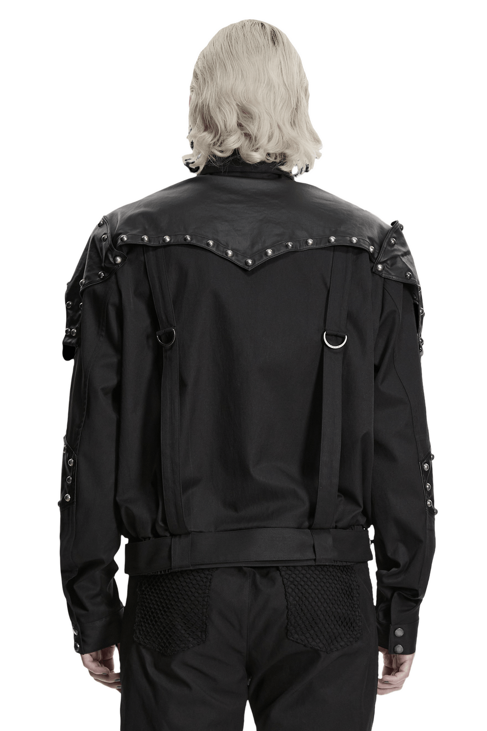 Back view of a Black Studded Cropped Biker Jacket with D-Rings showcasing its edgy design and detailing.