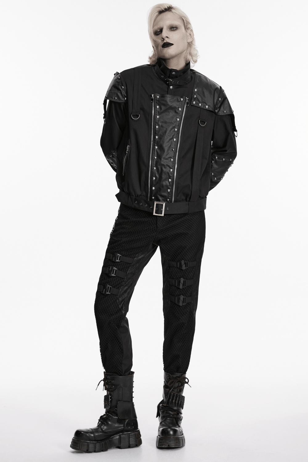 Black Studded Cropped Biker Jacket with D-Rings styled with edgy pants and boots.