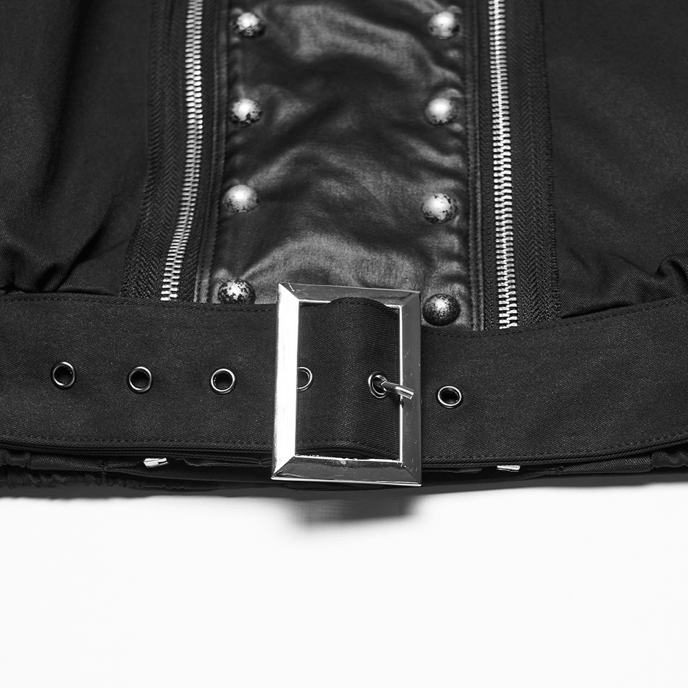 Close-up of the stylish buckle on a Black Studded Cropped Biker Jacket with D-Rings.