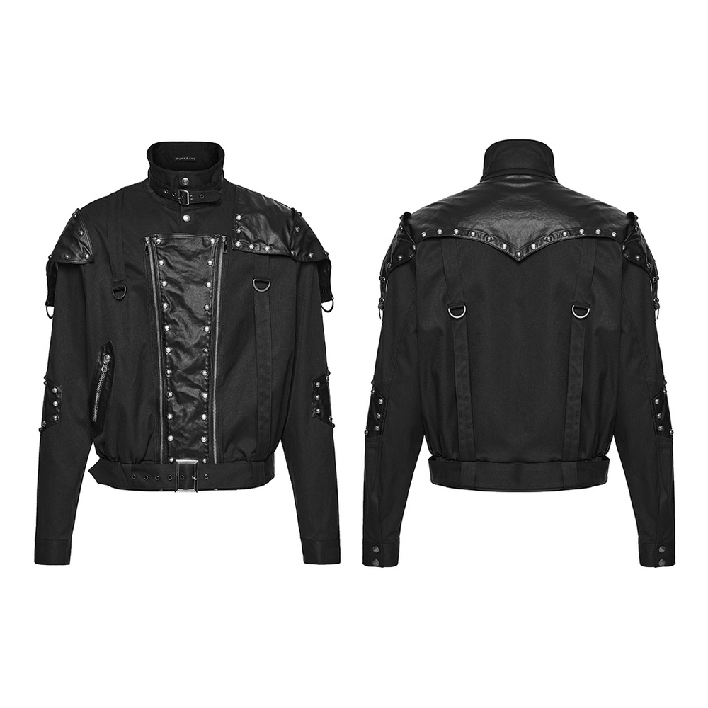 Black Studded Cropped Biker Jacket with D-Rings showcasing front and back views with edgy design details.
