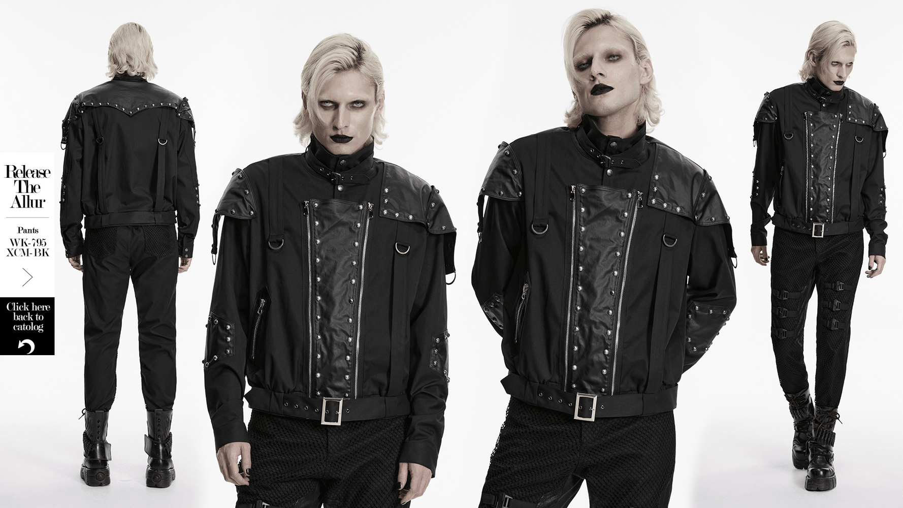 Black Studded Cropped Biker Jacket with D-Rings worn by model from multiple angles.