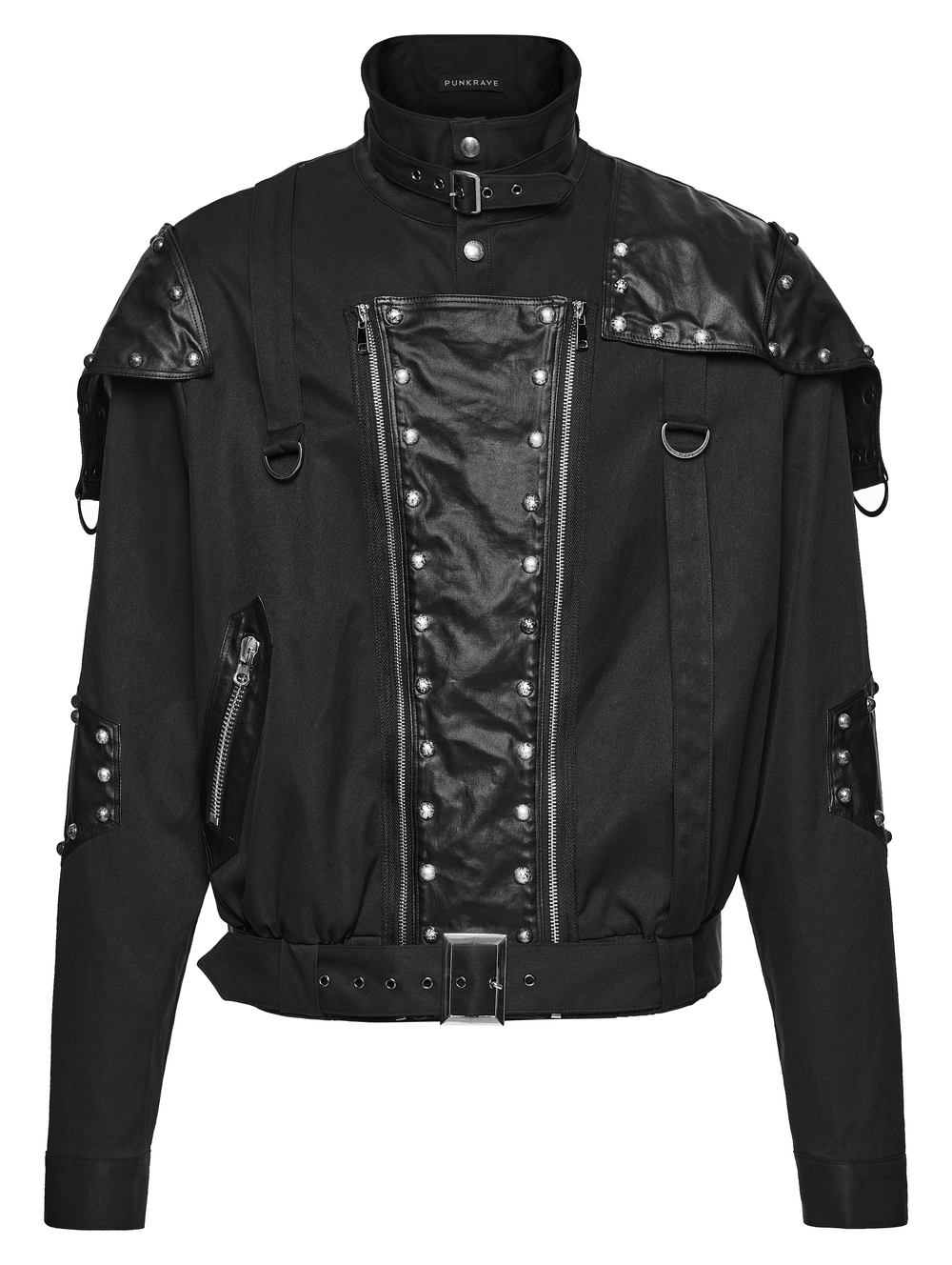 Black Studded Cropped Biker Jacket with D-Rings featuring stylish spikes and a modern design.