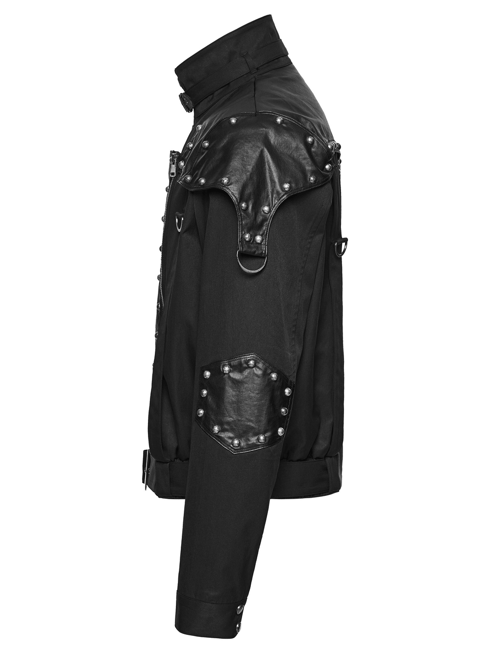 Black Studded Cropped Biker Jacket with D-Rings side view showcasing its edgy design and unique detailing.
