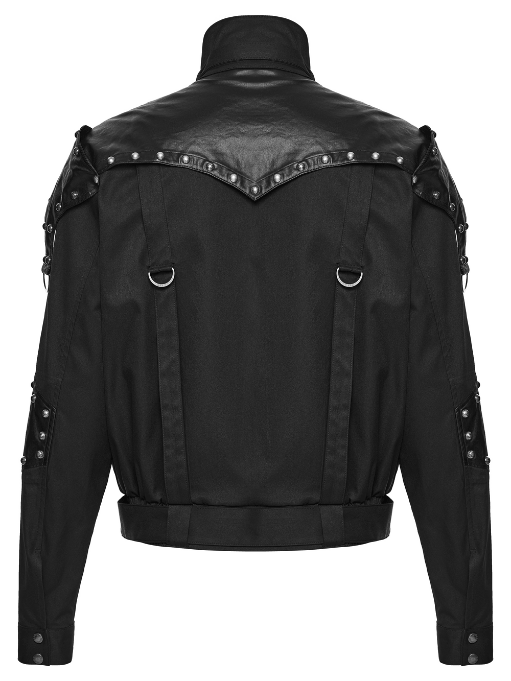 Black Studded Cropped Biker Jacket with D-Rings showcasing its stylish back design and studded details.