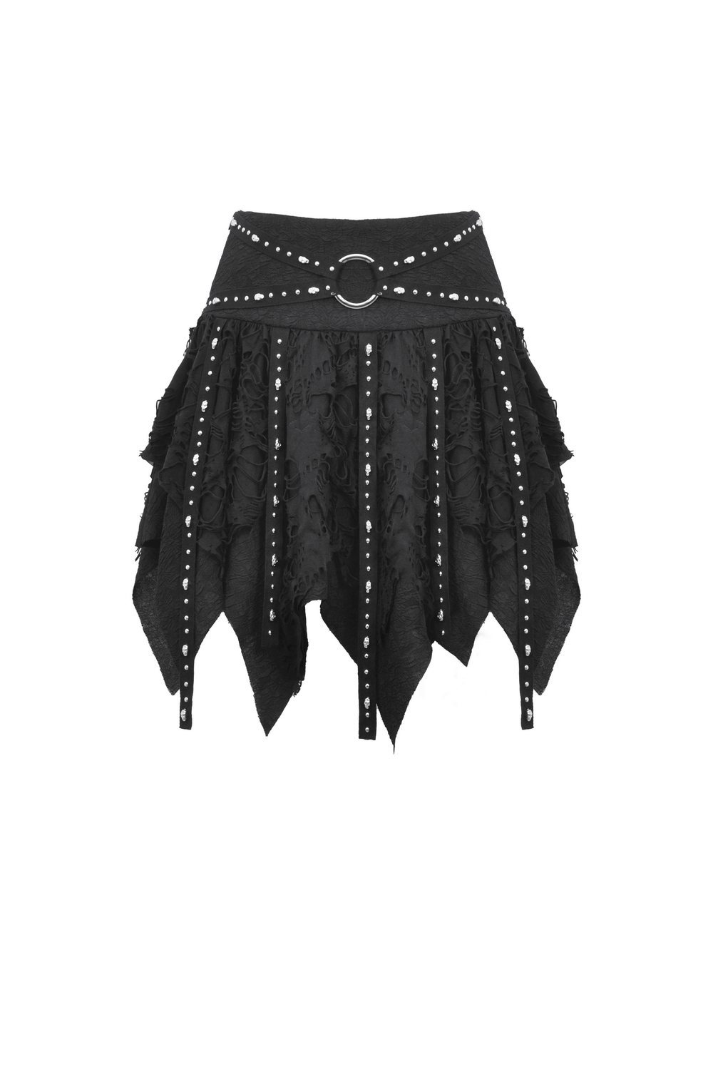 Black studded layered asymmetrical gothic skirt with buckle detail and dramatic cut.