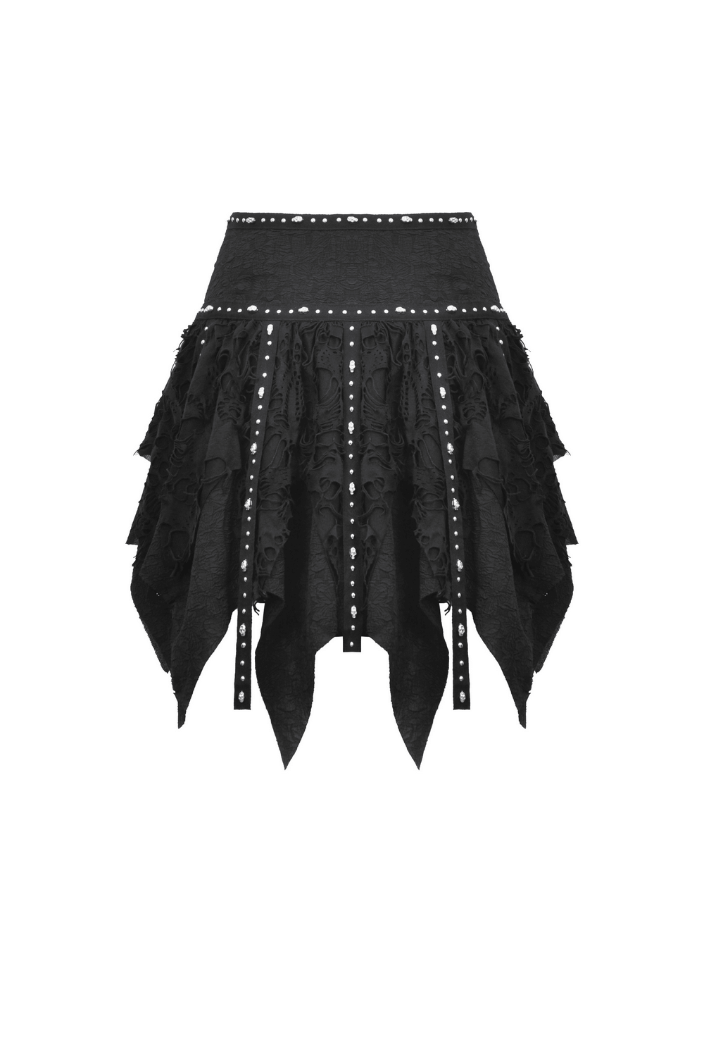 Black studded layered asymmetrical gothic skirt with buckle details, perfect for bold fashion statements.