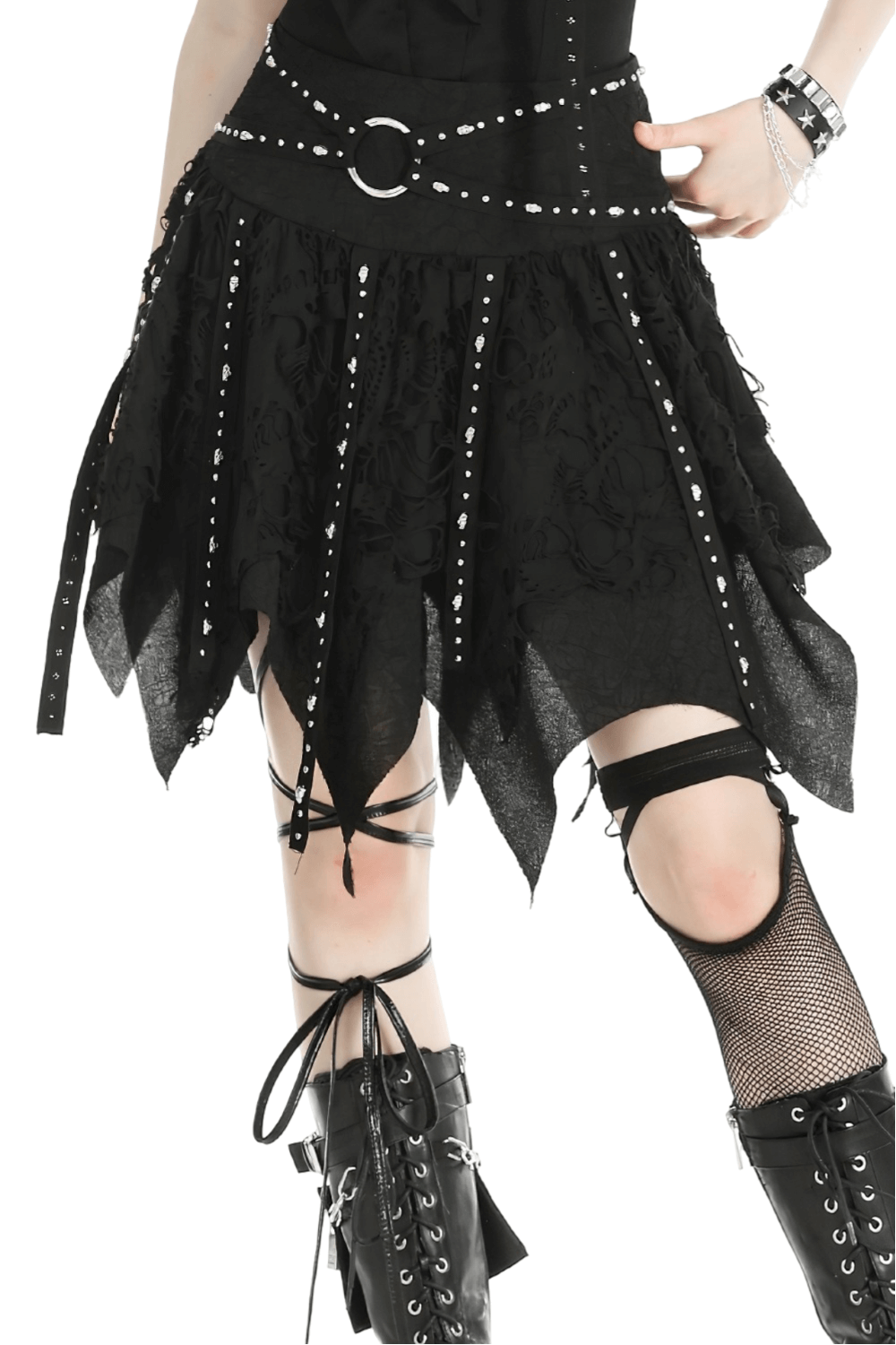 Black studded asymmetrical gothic skirt with buckle details and layered design, perfect for edgy fashion enthusiasts.
