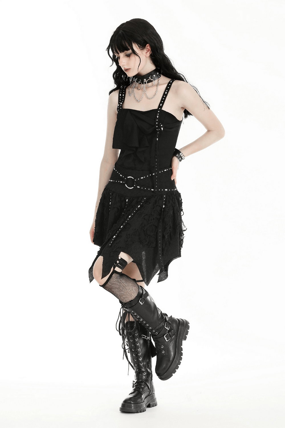 Black Studded Layered Asymmetrical Gothic Skirt
