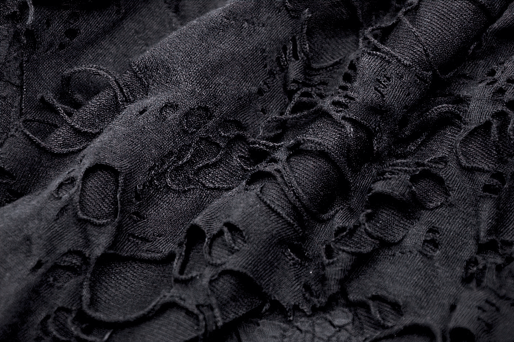 Close-up of distressed black fabric with intricate textures, perfect for gothic fashion and unique clothing designs.