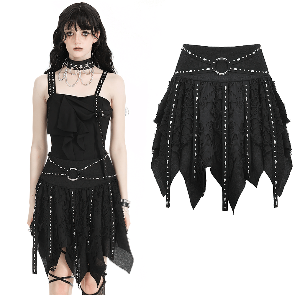Black Studded Layered Asymmetrical Gothic Skirt
