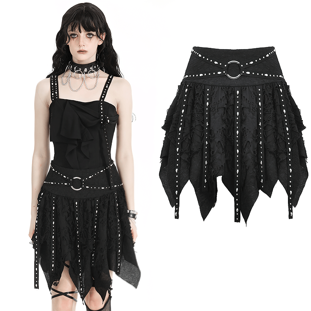Black studded asymmetrical gothic skirt with layered design and buckle detail, perfect for bold fashion expressions.