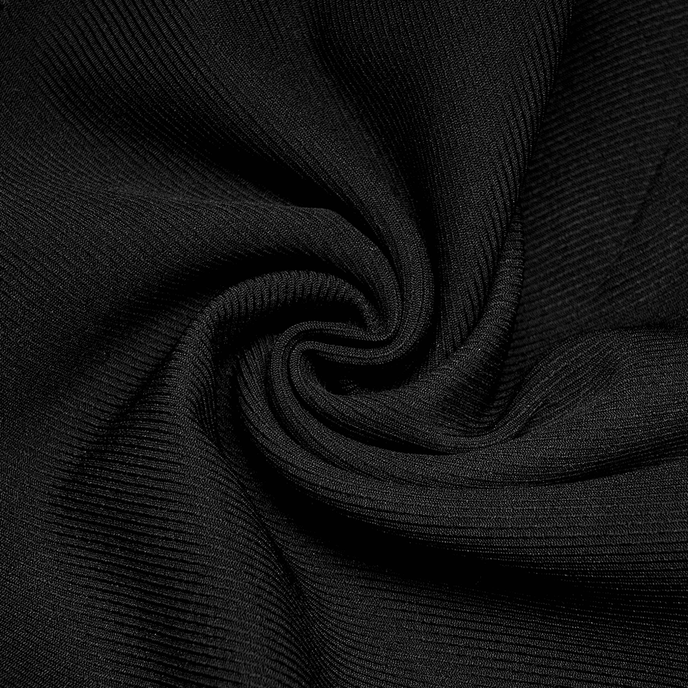 Close-up of black lightweight twill fabric, perfect for gothic high-waist cargo shorts with a unique texture.