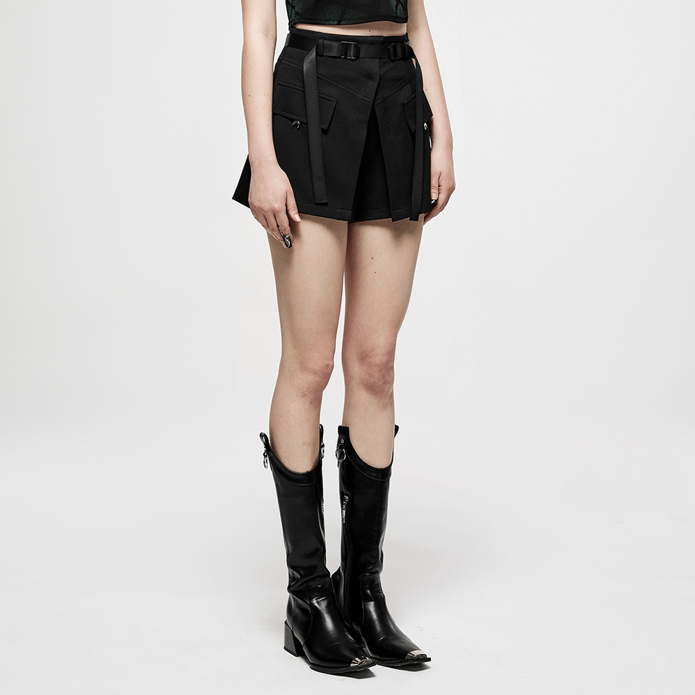 Black high-waist A-line cargo shorts with crescent moon details, perfect for a goth-inspired outfit.