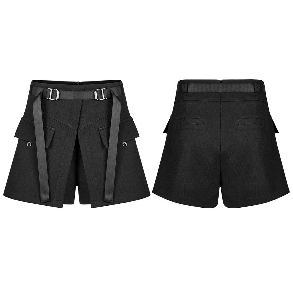 Black gothic high-waist A-line cargo shorts with crescent moon details and unique belt design.