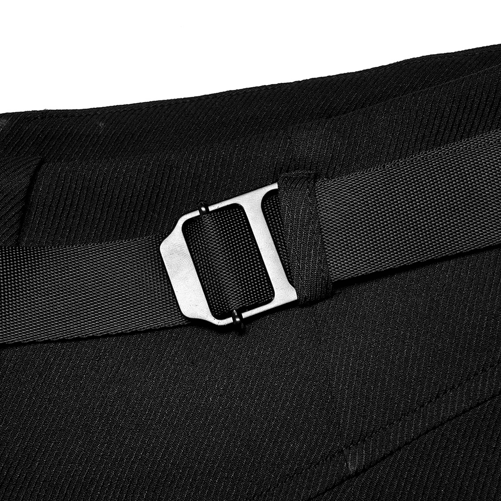 Close-up of a stylish black belt buckle on high-waist gothic cargo shorts, showcasing edgy design details.