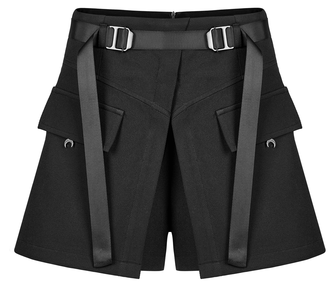Black high-waist A-line cargo shorts with crescent moon details and edgy straps for a stylish gothic look.