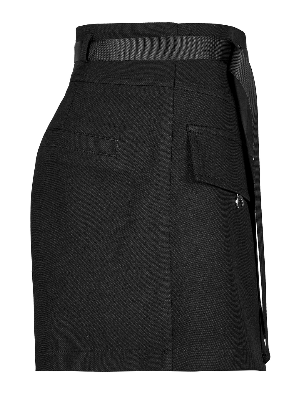 High-waist black cargo shorts with crescent moon details and a chic A-line silhouette.