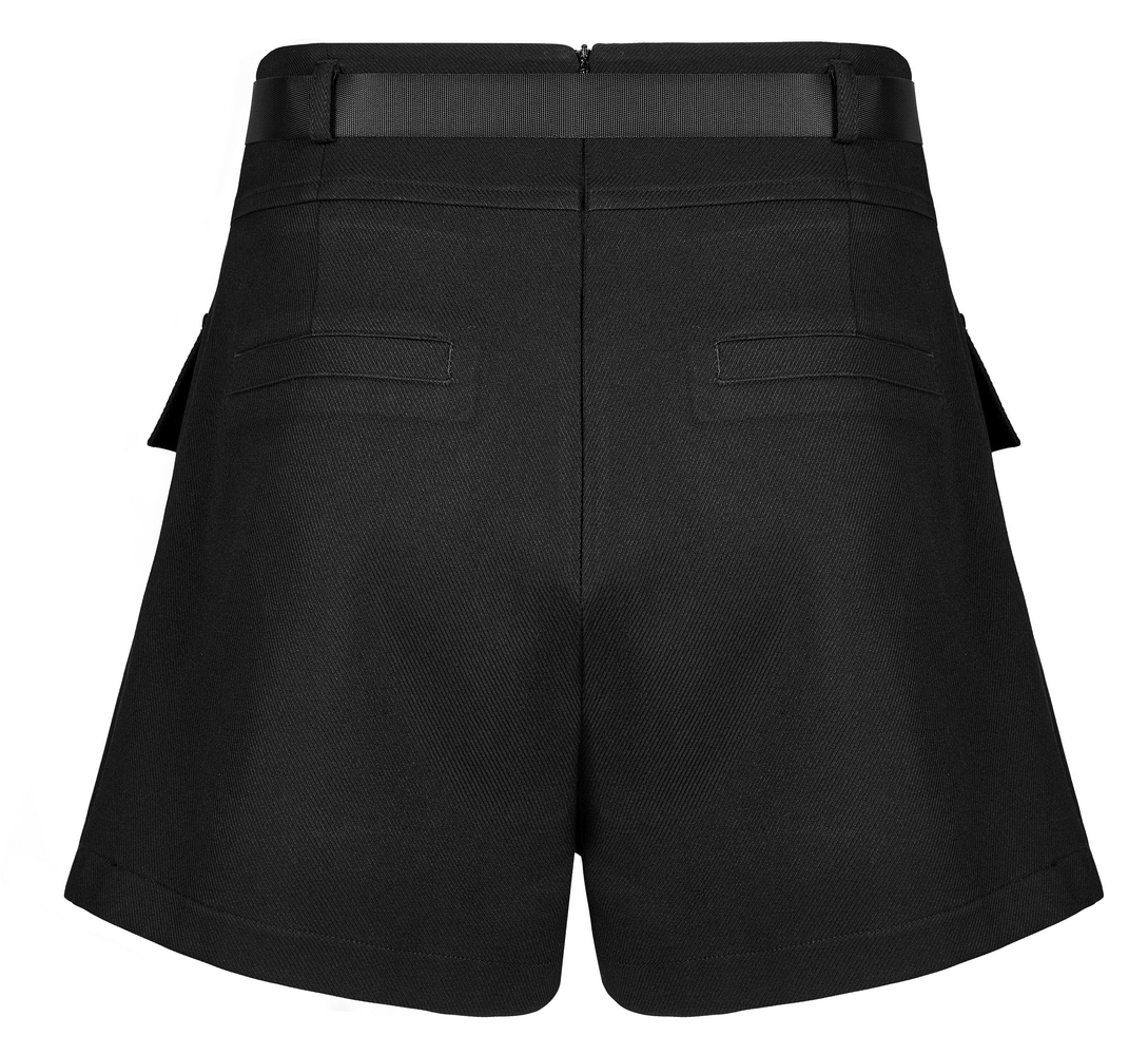 Back view of black stylish gothic high-waist A-line cargo shorts with crescent moon details and two pockets.