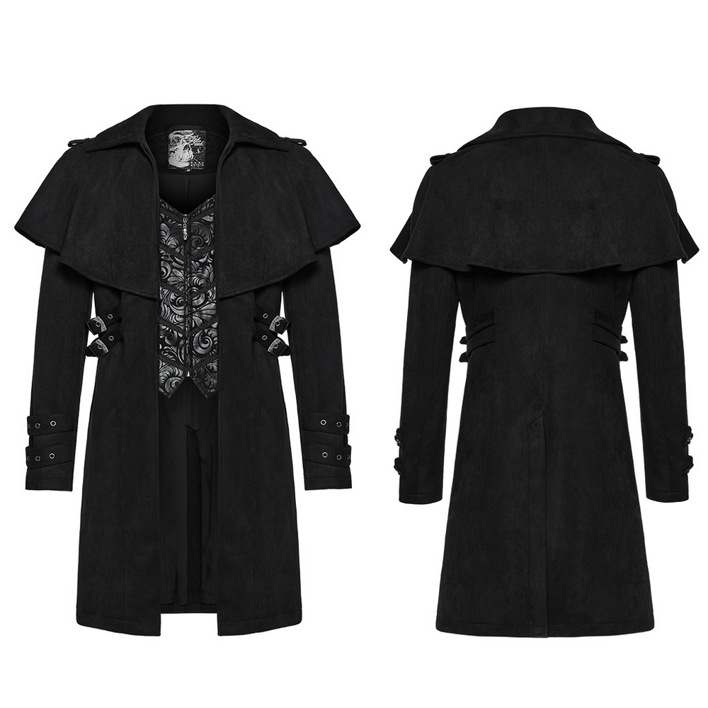 Black suede gothic cape coat with intricate buckles, featuring a stylish silhouette and adjustable waist loops.