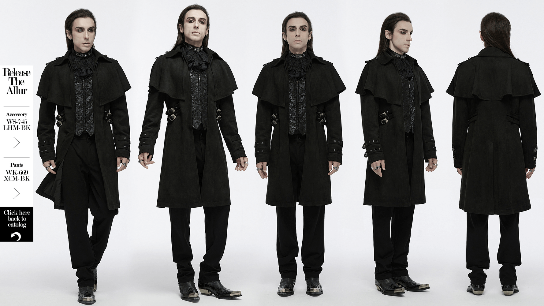 Black suede gothic cape coat with decorative buckles, showcasing elegant detailing and adjustable waist loops from multiple angles.