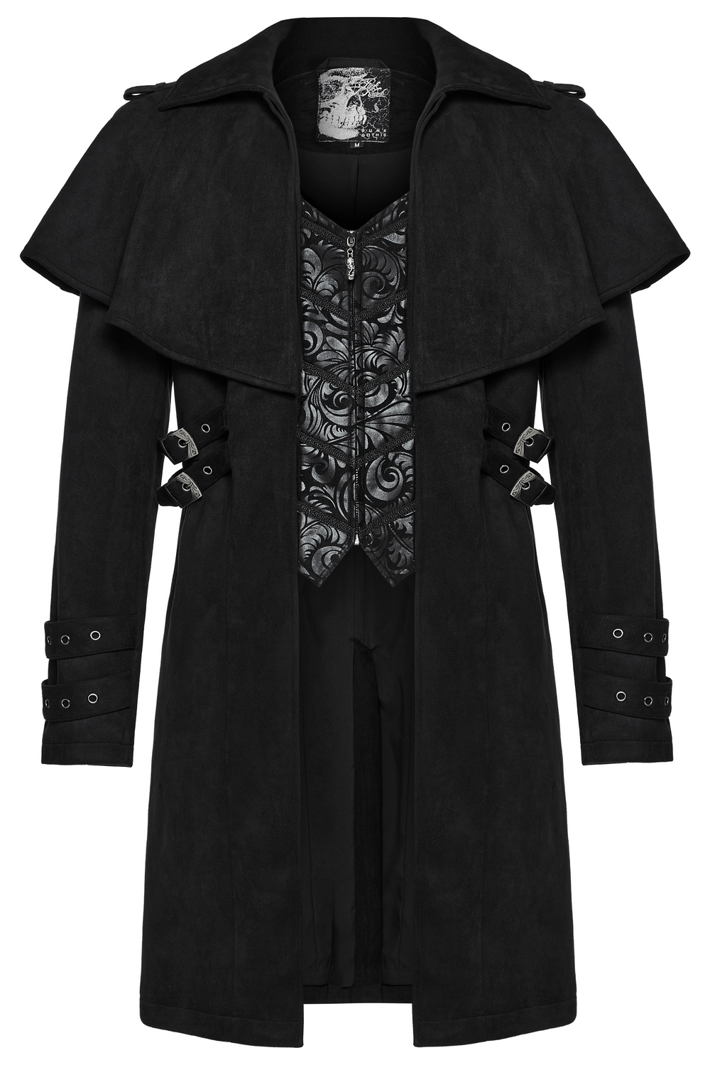 Black suede gothic cape coat with decorative buckles and jacquard detailing for a chic and unique style.