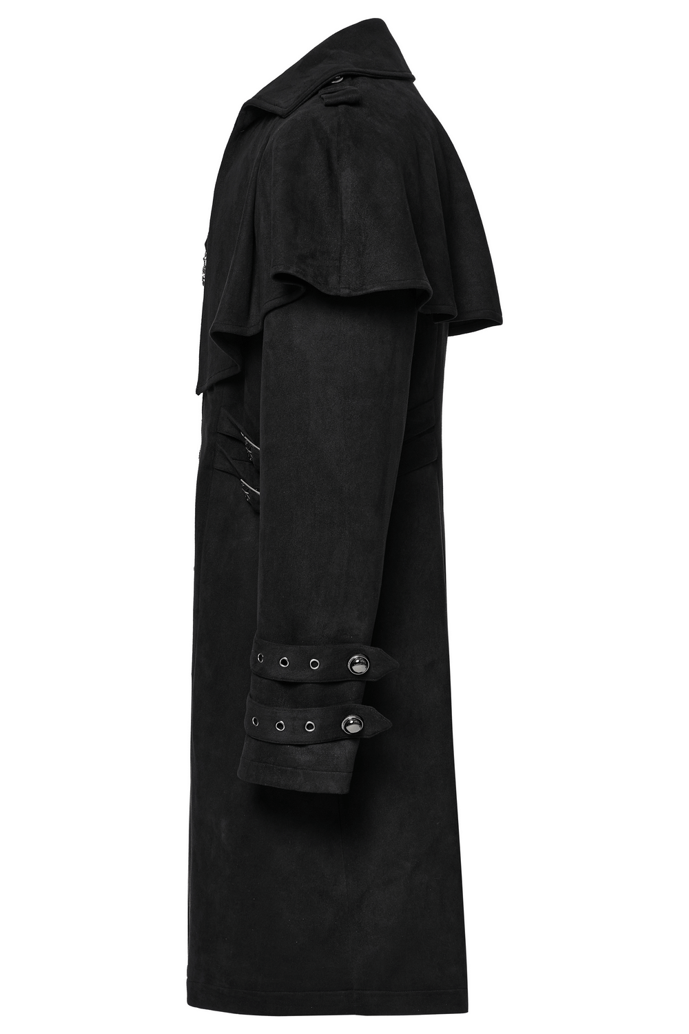 Side view of a black suede gothic cape coat with decorative buckles and adjustable waist loops for a stylish fit.