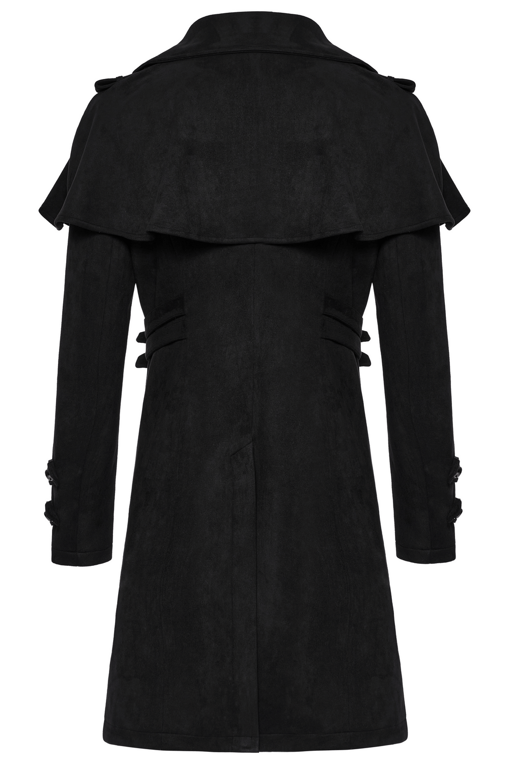 Back view of a black suede gothic cape coat with decorative shoulder loops and adjustable waist straps.