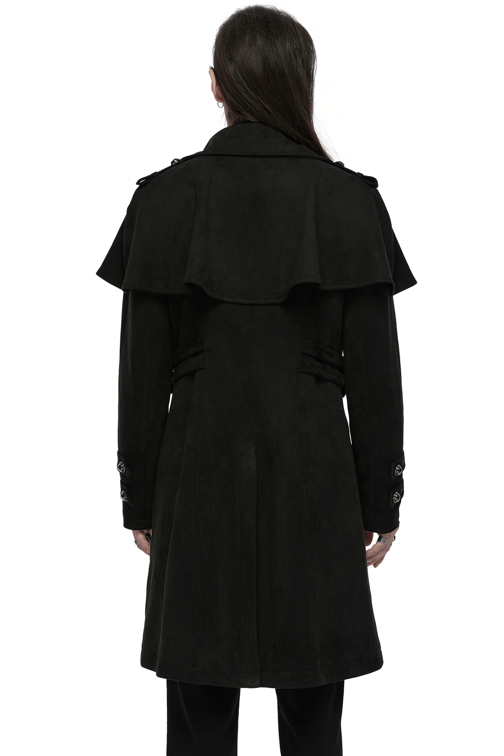 Back view of a stylish black suede gothic cape coat with decorative buckles and adjustable waist loops.