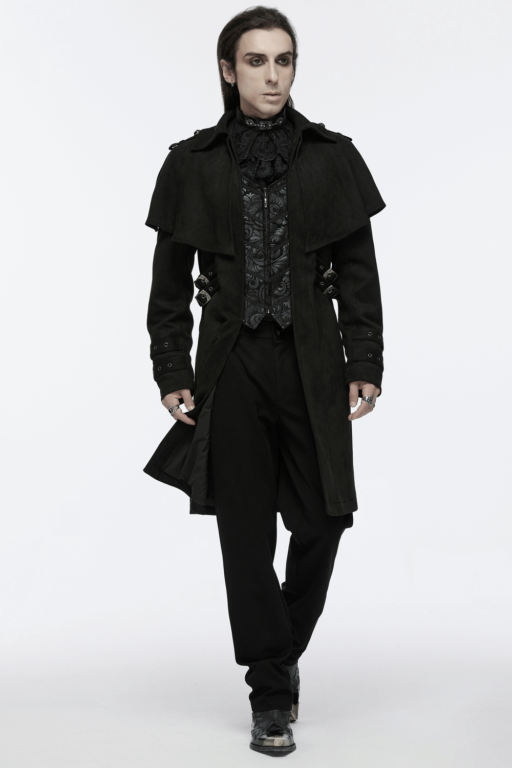 Black suede gothic cape coat with decorative buckles, showcasing an elegant gothic aesthetic and adjustable waist loops.