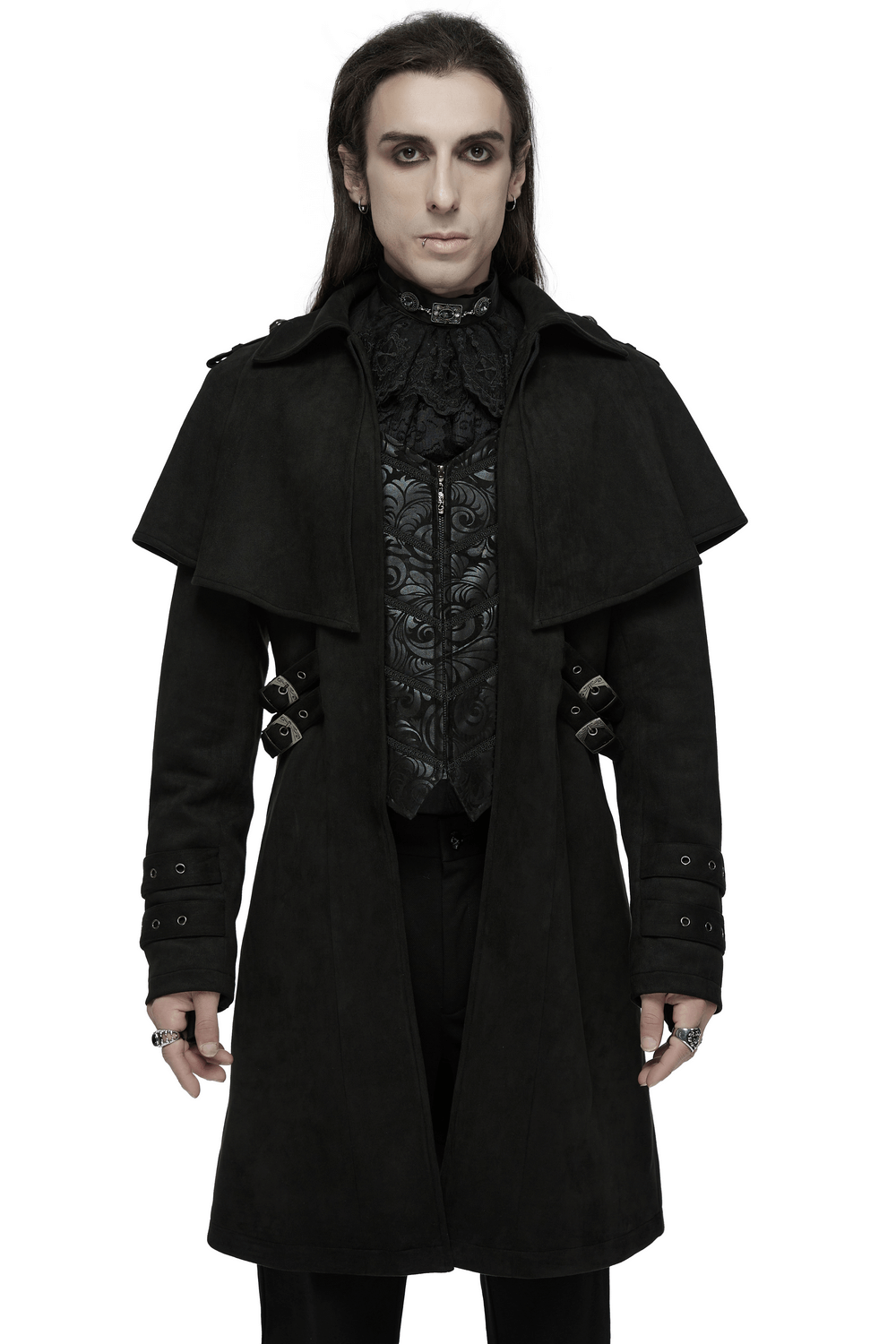 Elegant black suede gothic cape coat with decorative buckles, perfect for a unique gothic aesthetic.