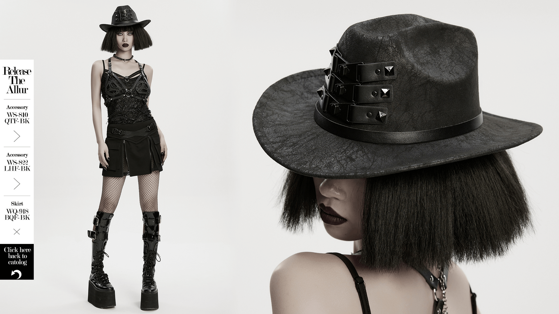 Black suede steampunk hat with triple buckle straps, perfect for gothic and punk styles.
