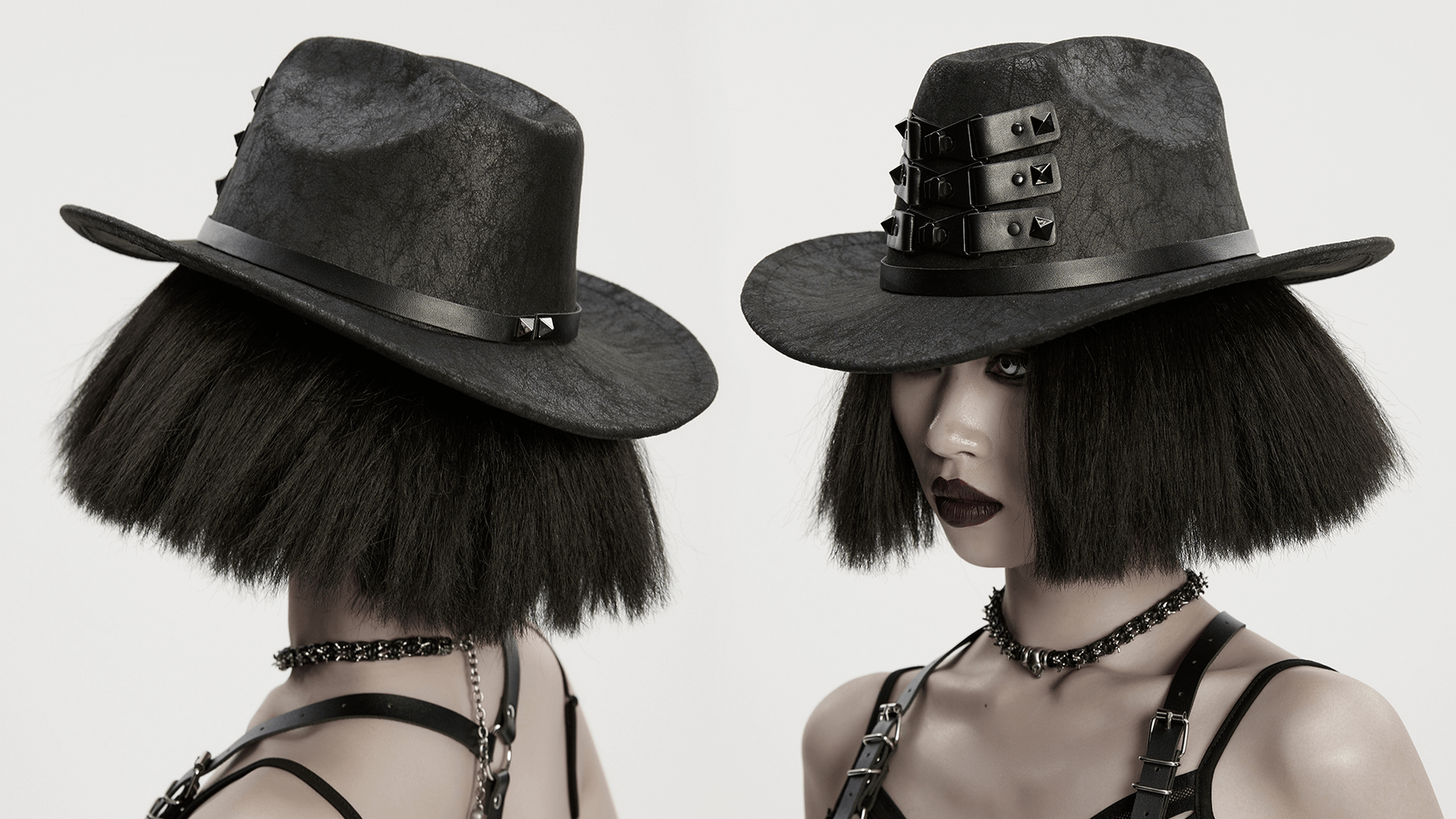 Black suede steampunk hat with triple buckle straps, rivets, and structured brim for a bold alternative style.