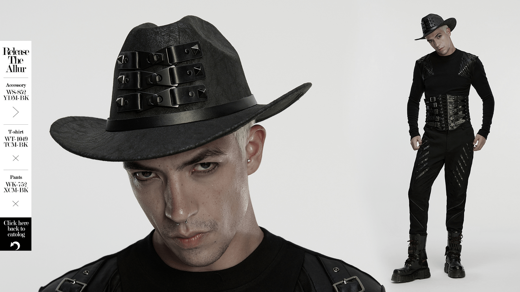 Black suede steampunk hat with triple buckle straps worn by model, showcasing punk fashion and bold alternative style.