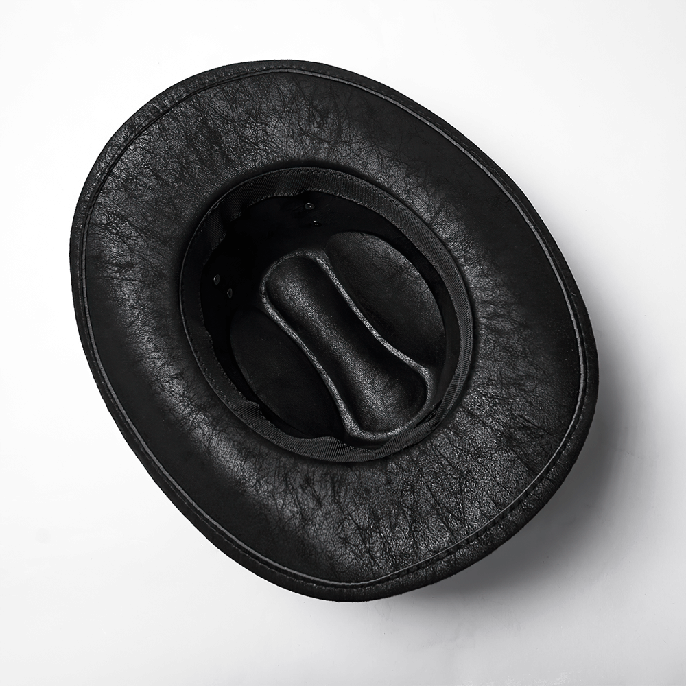 Inside view of a black suede steampunk hat showcasing its structured shape and sleek design.