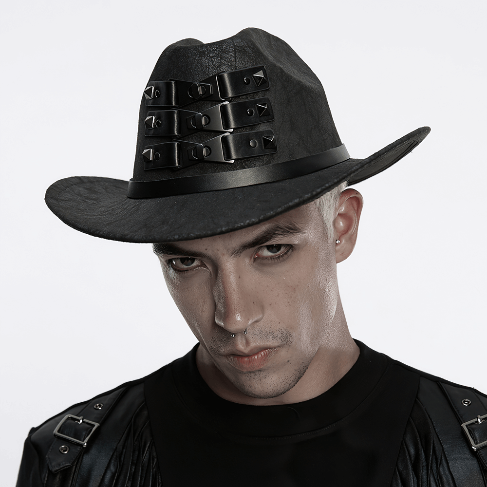 Black suede steampunk hat with triple buckle straps worn by a model, showcasing punk style and bold design.