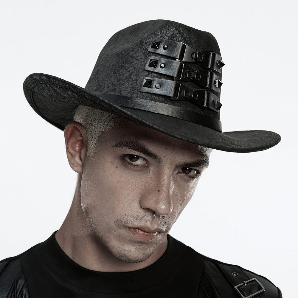 Black suede steampunk hat with triple buckle straps, a bold accessory for gothic and punk styles.