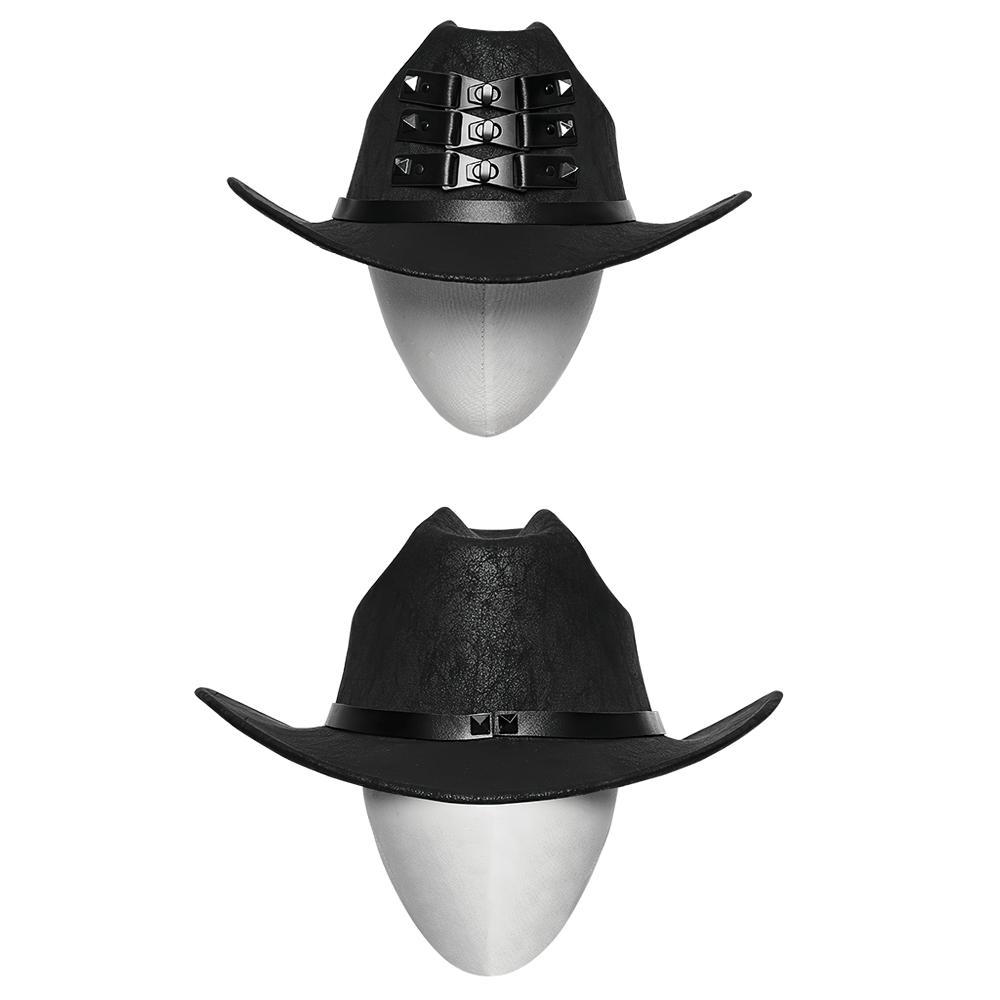 Black suede steampunk hat featuring triple buckle straps and rivets, perfect for punk and gothic styles.