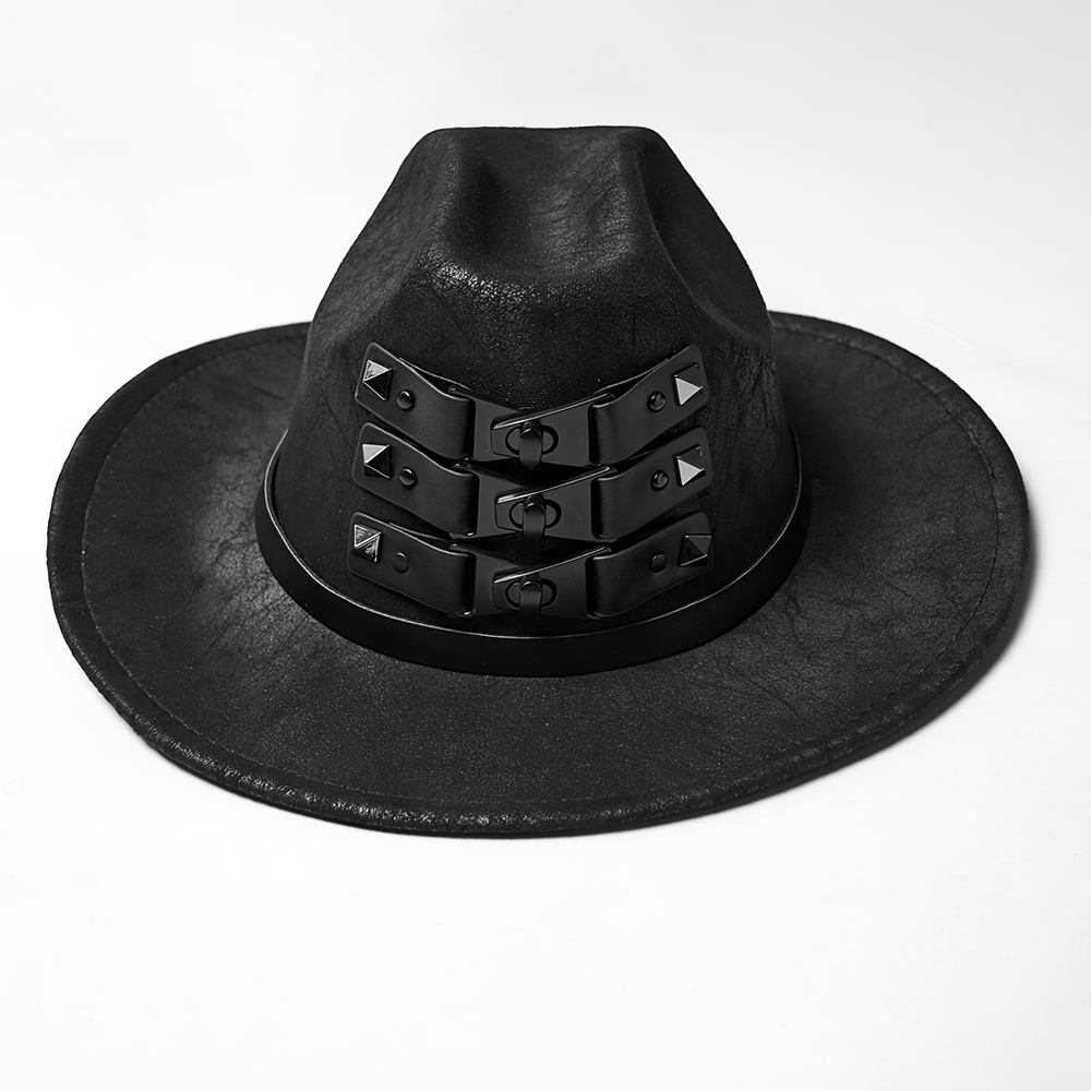 Black suede steampunk hat with triple buckle straps, perfect for gothic and punk styles.