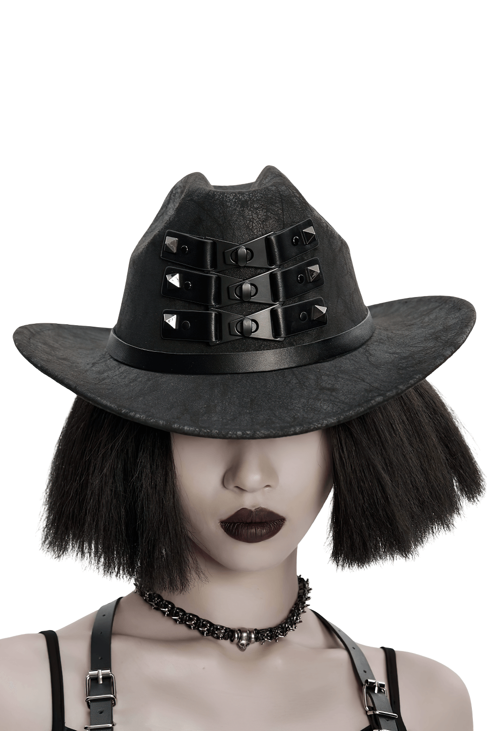 Black suede steampunk hat with triple buckle straps, perfect for punk and gothic style enthusiasts.