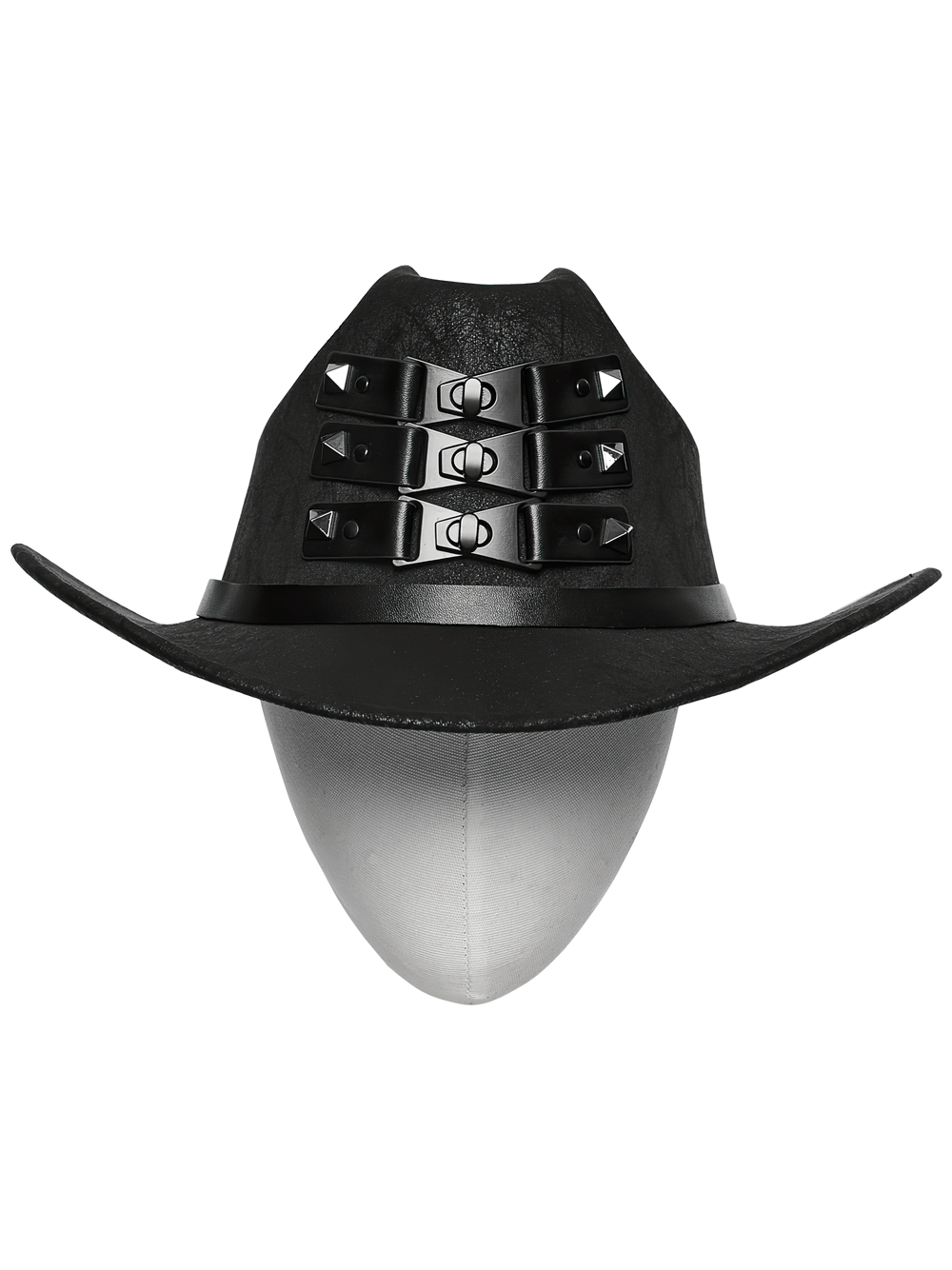 Black suede steampunk hat featuring triple buckle straps and rivets, perfect for gothic and punk styles.